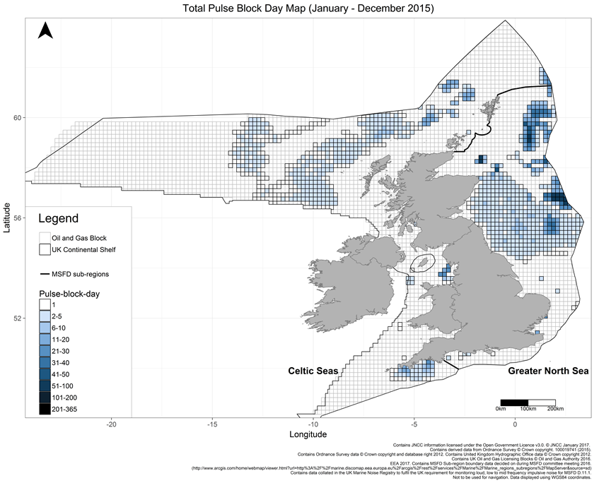 Map of the distribution and duration of impulsive underwater sound in UK seas