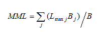 Equation for the calculation of mean maximum length (MML) where Lmax j is the maximum length obtained by species j; Bj is the biomass of all individuals of species j and B is the total biomass of all individuals.