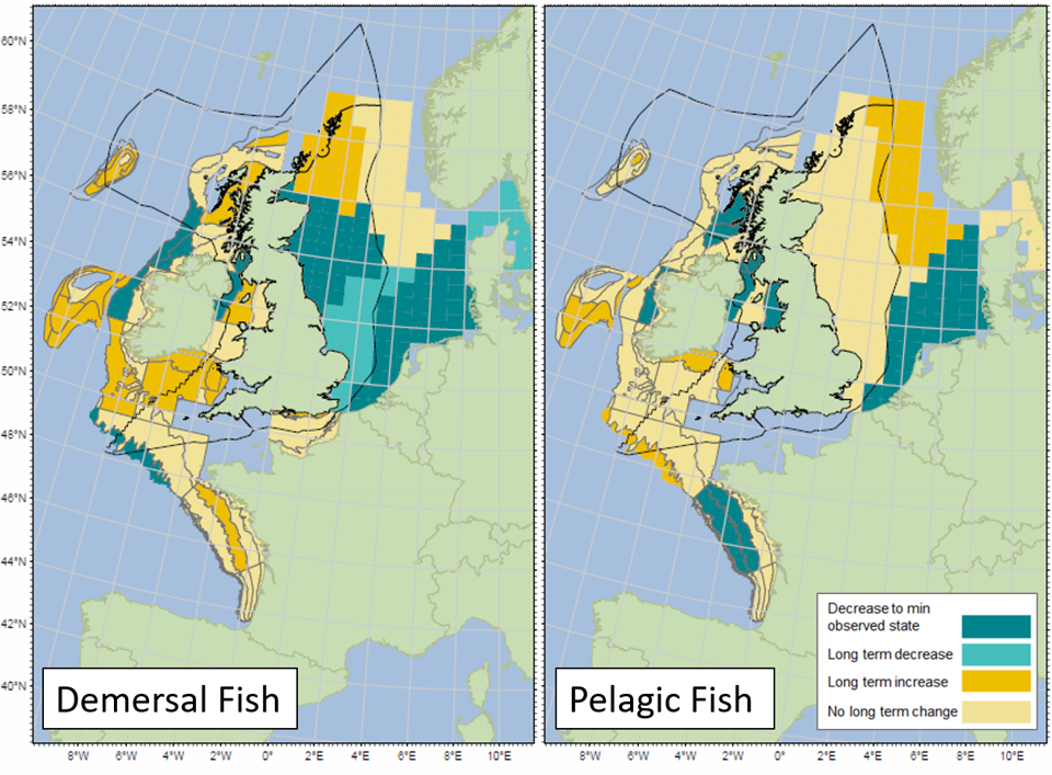 Figure 2. Summary of long-term changes in the typical Length of demersal fish (left) and pelagic fish (right) communities in UK waters and surrounding areas (Exclusive Economic Zones shown by a solid black line) in key surveys selected for spatial coverage (Table 1). Assessment period starts in the 1980s or 1990s and ends in 2015 or 2016 depending on the survey (see Figure 3).