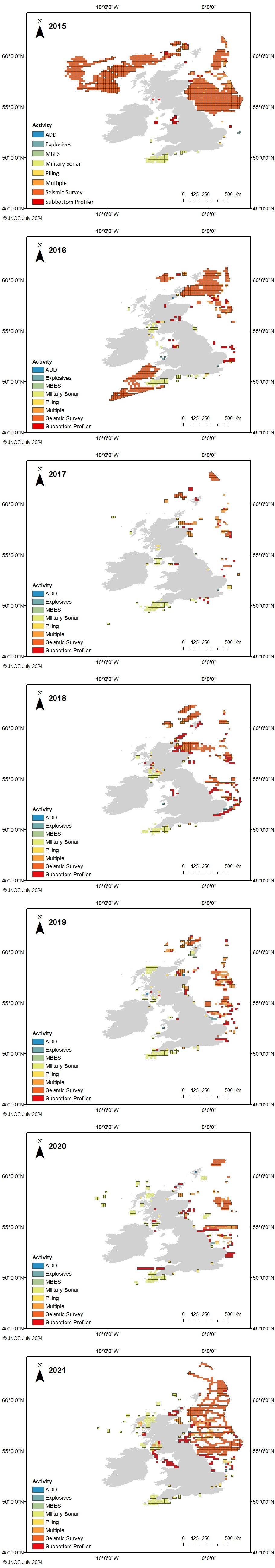 Maps showing the distribution of activities generating impulsive noise like seismic surveys and pile-driving, in UK seas from 2015 to 2021.