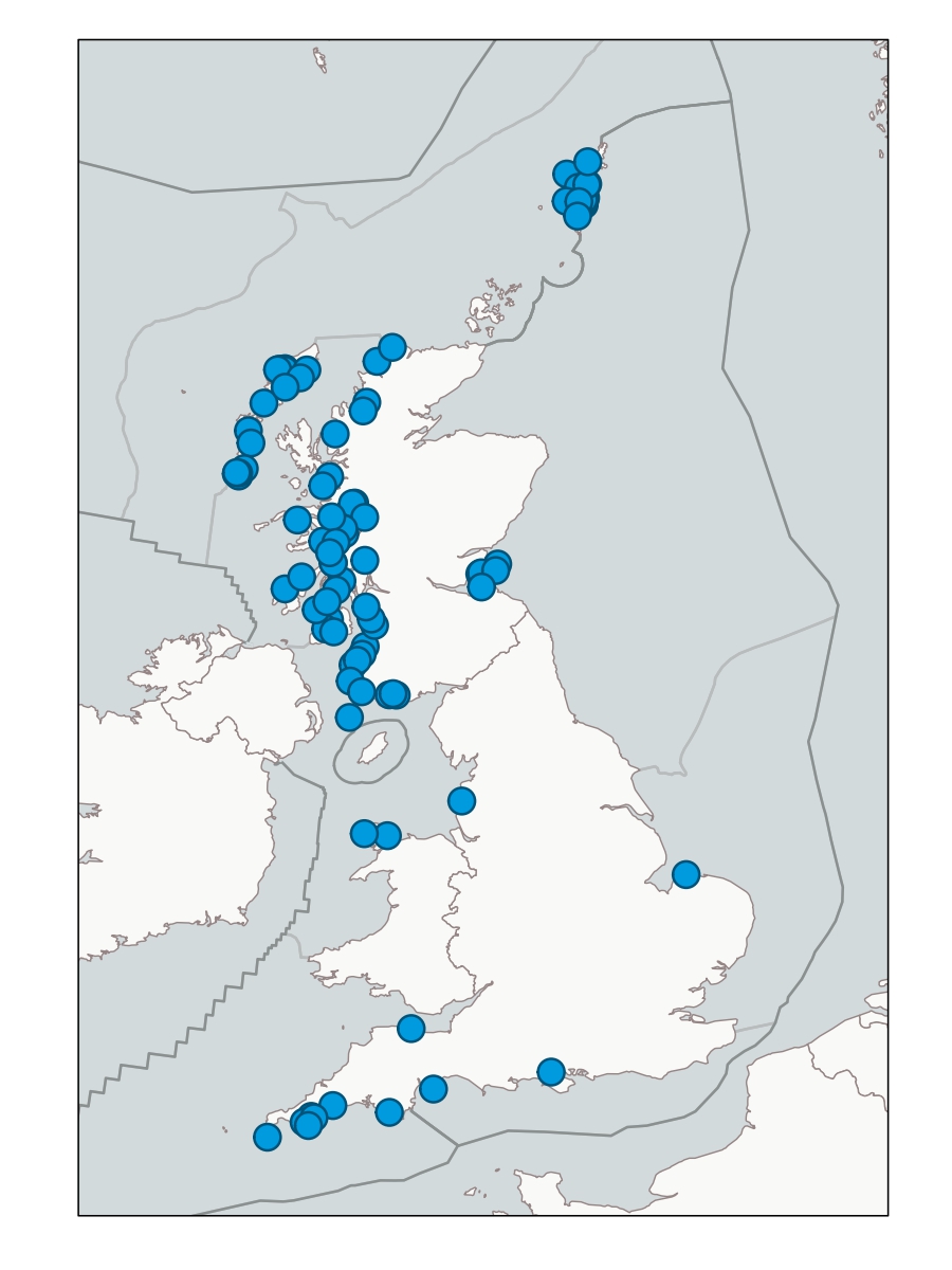 Map of the UK showing the Descriptor 9, Contaminants in Seafood, sampling stations.