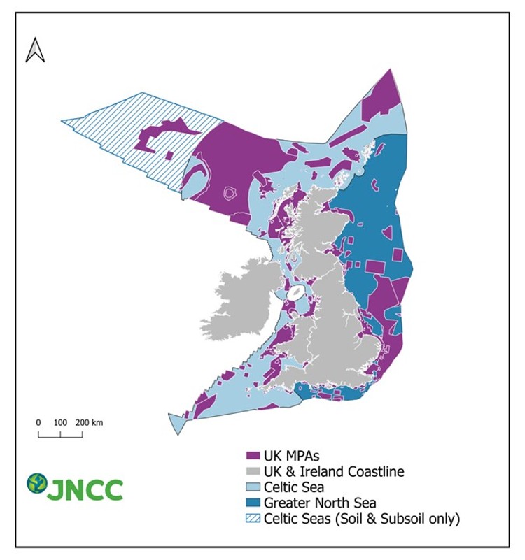 Map of UK and surrounded seas with certain areas highlighted in purple.