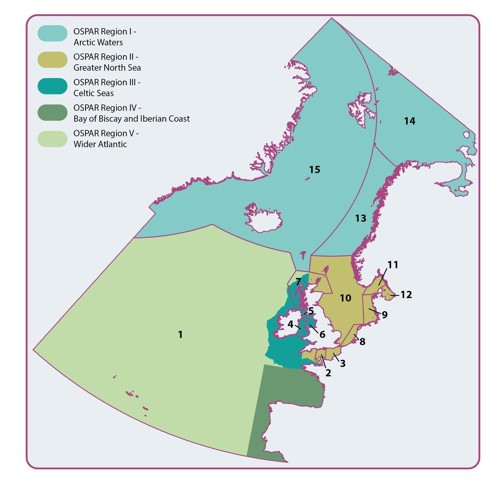 Map showing the North Atlantic, in particular the OSPAR radioactive substances committee monitoring areas and table displaying how these relate to the main OSPAR maritime areas.