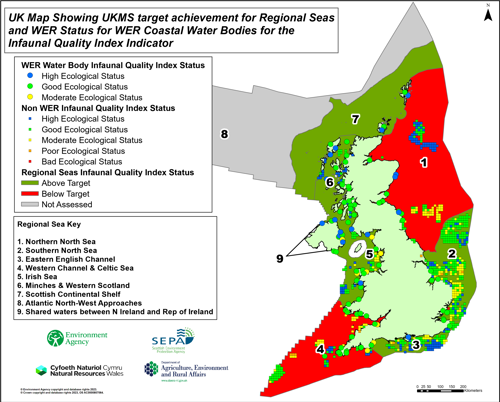 UK map showing UKMS target achievement for regional seas and WER status for WER coastal water bodies for the infaunal quality index indicator.