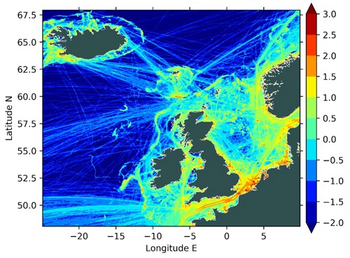 Map showing the density of shipping in UK waters in April 2021 based on AIS data. A high concentration of shipping is apparent in the English Channel shipping lanes, in coastal areas, and around major ports. Units are number of AIS transmissions per km2, interpolated to 10-minute time resolution, expressed as a power of 10 (i.e. range of colour bar is 10-2 to 103 AIS transmissions per km2).