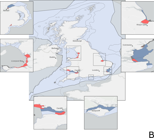 Map of the UK showing river estuary's eutrophication GES Status with multiple insets on important estuaries.