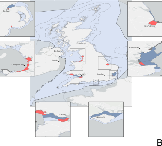 Map of the UK showing river estuary's eutrophication GES Status with multiple insets on important estuaries.