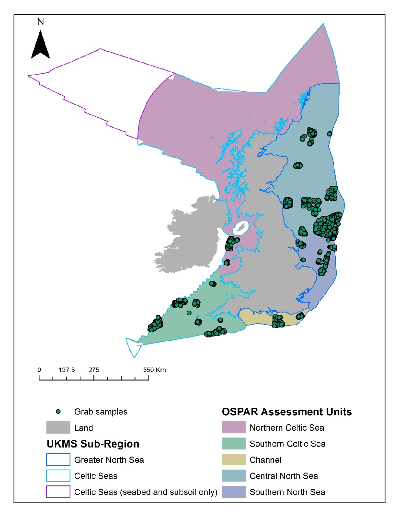 Map of UK and surrounding seas subdivided between north and south Celtic sea and central and southern North sea and English Channel. Grab sample locations are shown by green points. 