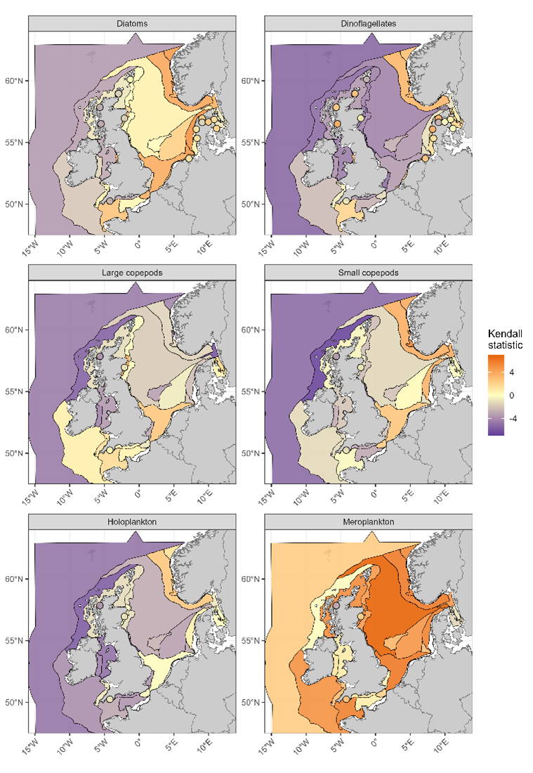 Maps of UK waters with indicator results for Diatoms, Dinoflagellates, Large Copepods, Small Copepods, Holoplankton, Meroplankton.