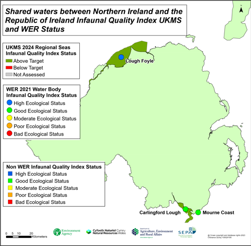 Shared waters between northern Ireland and the republic of Ireland infaunal quality index UKMS and WER status.