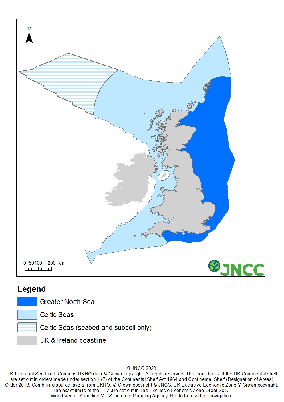 Map of the UK and surrounding seas within the UK EEZ divided between Greater North and Celtic Seas